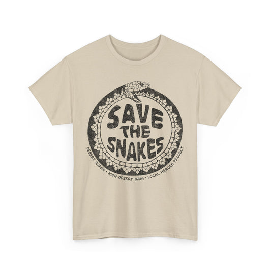 Save The Snakes Tshirt Collaboration between High Desert Dani and Desert Rising. Ouroboros snake design with save the snakes verbiage inside. local heroes project in the coachella valley and mojave desert. Sand Colored Save the Rattlesnakes T-shirt