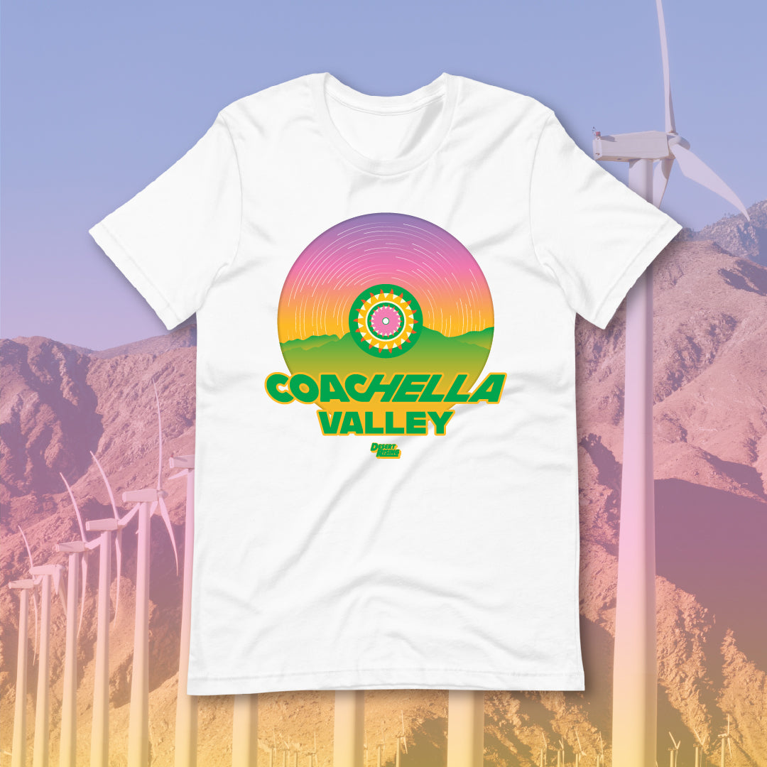 White Coachella Valley Tshirt with Palm Springs Windmills background