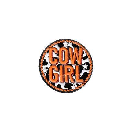Cow Girl Enamel Pin with cow print, rope, and stars