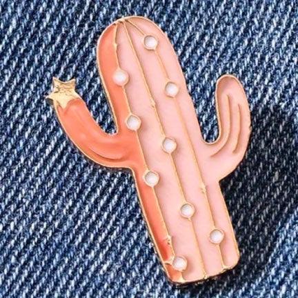 Pink and Gold Prickly Star Cactus Pin. Denim jacket accessories