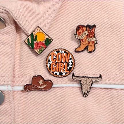 Yee Haw Cowgirl Hat Enamel Pin on Denim Jacket